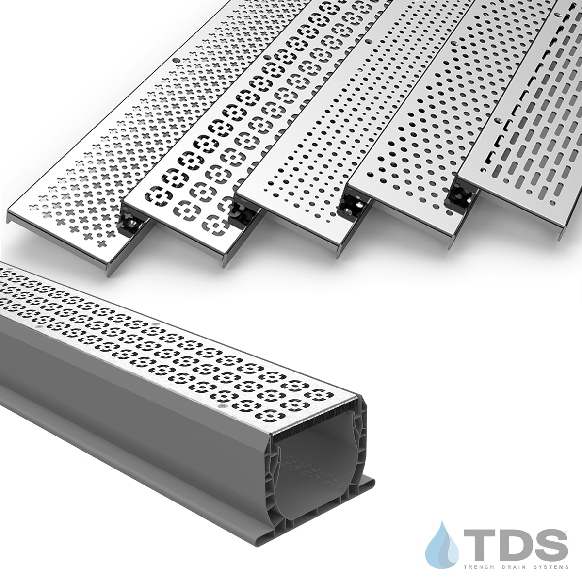 Trench Drain Systems now offers decorative grates in galvanized or stainless steel.