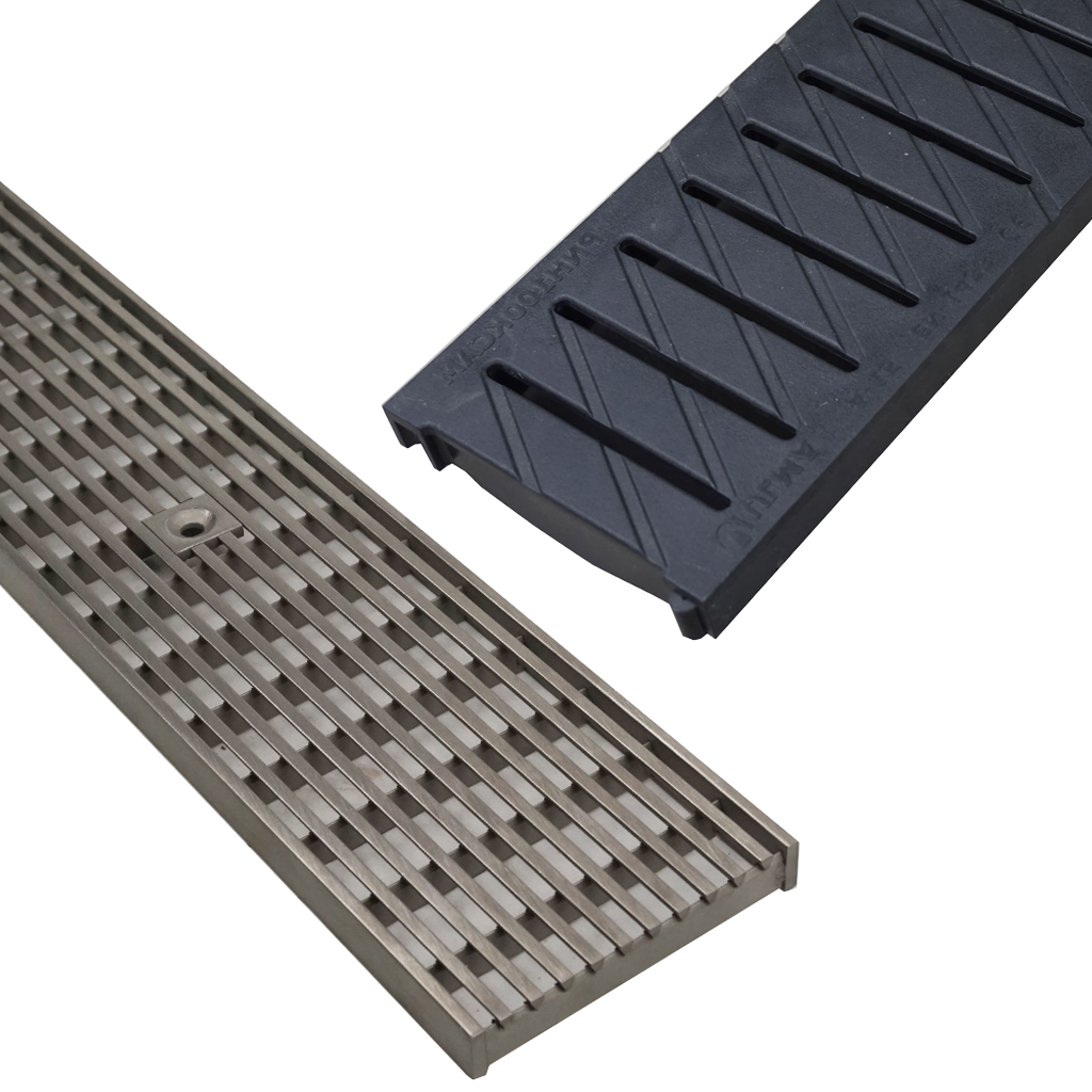 437+494 collage 2 - Stainless wedgewire and HDPE Slotted grates